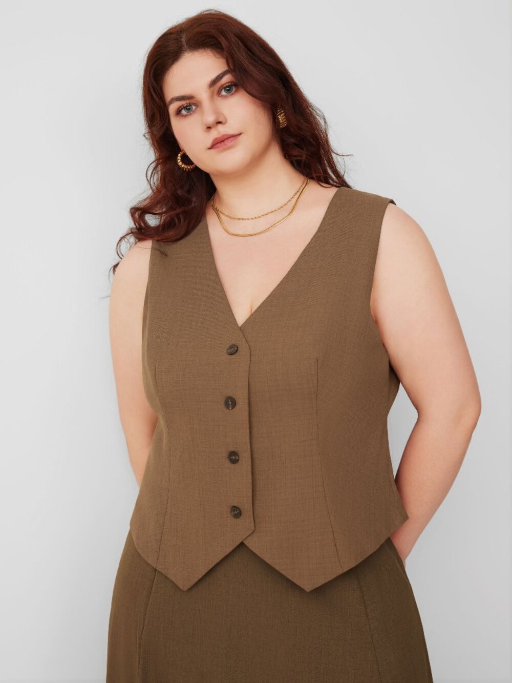 Cider V-neck Brown Button Vest Curve & Plus